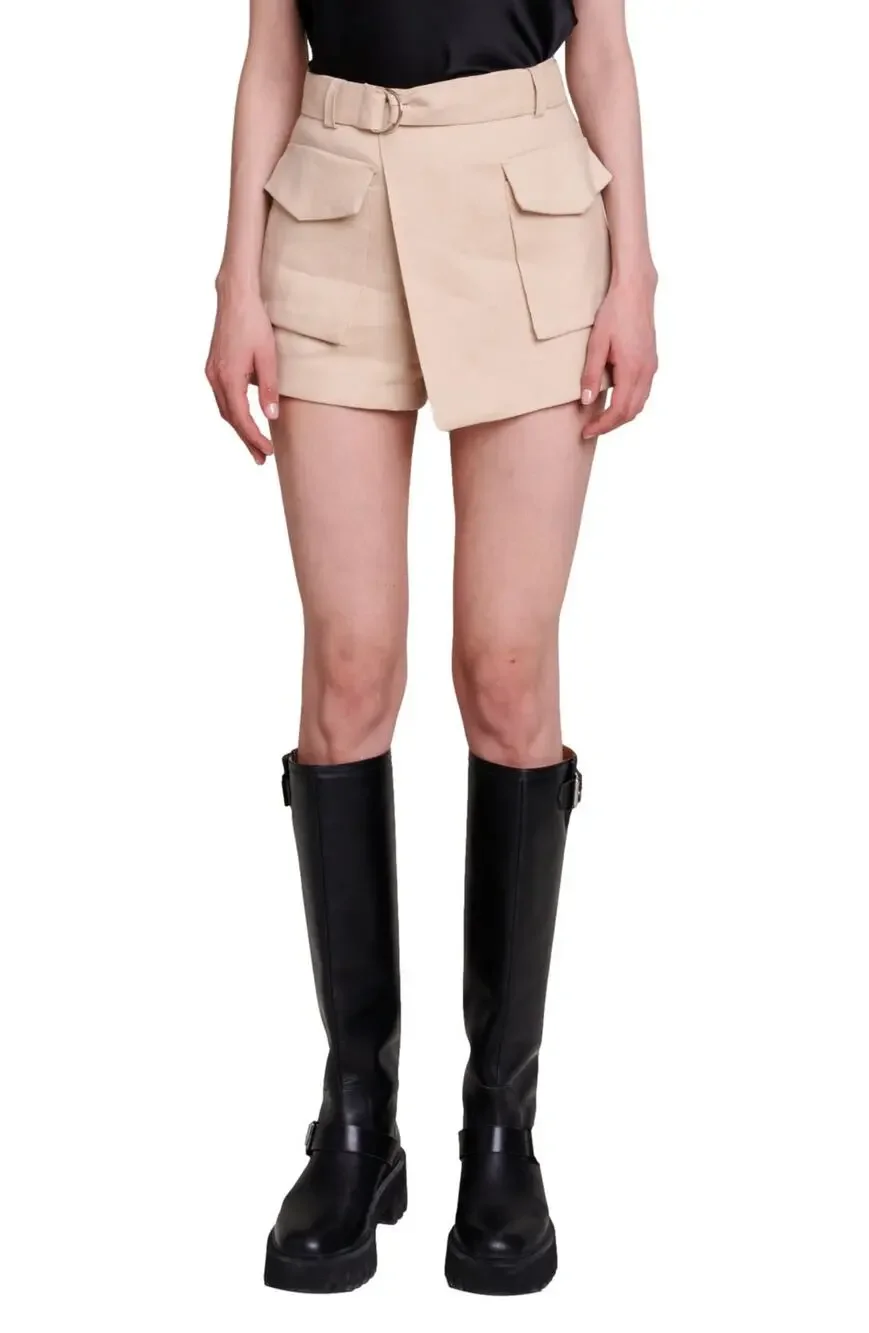 Maje Asymmetric Linen Blend Beige Cargo Shorts Size 4 US / 36 EU